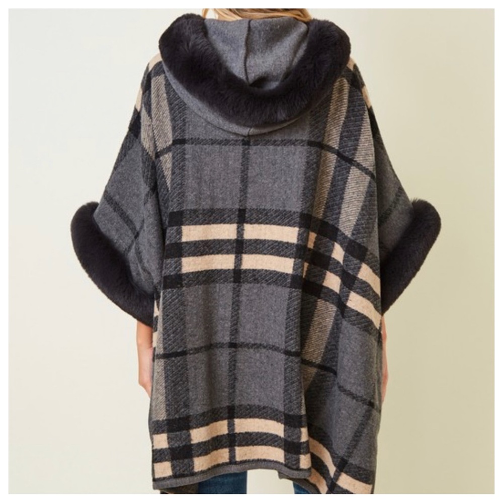 #47 Boho Fabulous Plaid Fur Trim Hooded Oversized Cozy Jacket Poncho - Picture 8 of 11